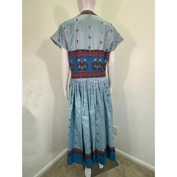 Vtg 1970s Sz M Silk Embroidered Gibson Bayh Pleated Folk Bohemian Peasant Dress - Picture 3 of 8